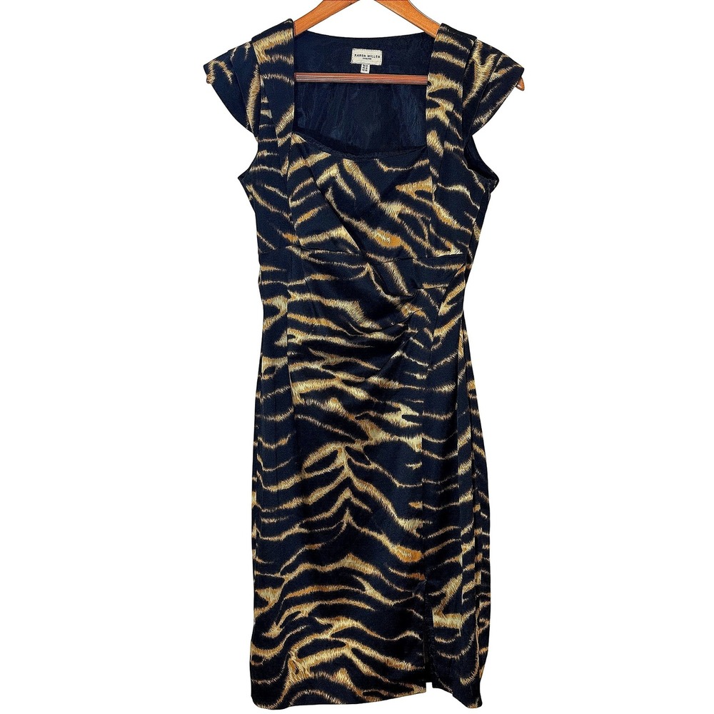 Karen Millen Tiger Print Sheath Dress US 10 UK 14 Ruched Animal Acetate Blend - Picture 2 of 7
